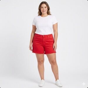 JUDY BLUE Red Mid Rise Garment Dyed Fray Hem Shorts Style 150242